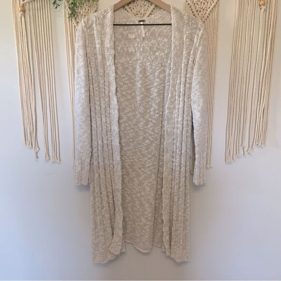 FREE PEOPLE Free Spirit Long Knit Cardigan Sweater Cream Tan Medium - Picture 2 of 12
